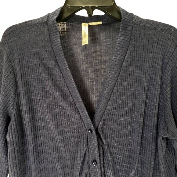 Forgotten Grace Cardigan Sheer Lace Hem Navy Blue Sweater Pearl Buttons Ribbed - Picture 7 of 15